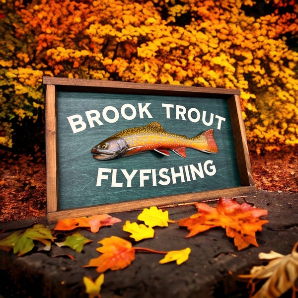 Brook Trout FlyFishing Wood Carving Handmade carved Fishing 3D Shadowbox Rustic Sign Fish Art Cabin Man Cave Lodge lake house Airbnb decor
