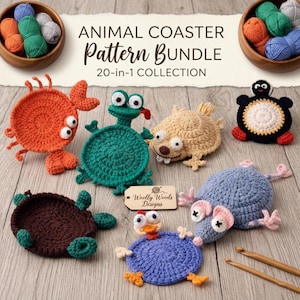 May include: A collection of handmade crochet animal coasters, including a crab, turtle, frog, penguin, and mouse. The coasters are in various colors and designs. The image also includes the text "ANIMAL COASTER Pattern Bundle 20-in-1 COLLECTION".