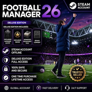 Könnte beinhalten: Football Manager 26 Deluxe Edition für Steam-Account. Das Bild zeigt einen Manager in einem blauen Mantel, der auf einem Spielfeld jubelt, mit Text zu exklusiven Outfits, Abzeichen, Rekrutierungspaketen, Bonusinhalten und lebenslangem Zugriff.