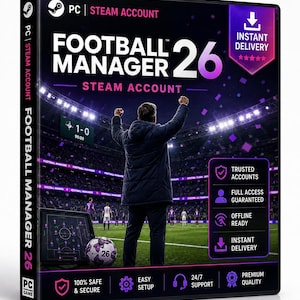 Könnte beinhalten: Eine schwarze Spielehülle für das PC-Spiel Football Manager 26 Steam Account. Das Cover zeigt eine Person auf einem Fußballfeld mit erhobenen Armen, eine Anzeigetafel mit 1-0, eine Taktiktafel und einen Fußball. Der Text lautet Steam Account.