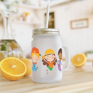 Fun Kids Mason Jar with Straw, Cartoon Characters Cup, Summer Drinkware, Birthday Gift, Personalized Kids Cup