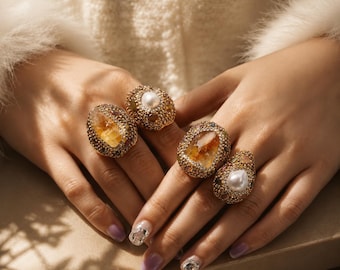 Statement ring with raw citrine or baroque pearl, adjustable handcrafted gold-plated brass ring with crystals, boho jewelry for her