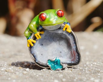 Frog Brooch Pendant Agate Druzy 925 Silver Natural Stone Animal Jewelry Vintage Forest Style Gift for Her Birthday Christmas