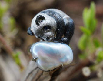 925 Silver Panda Brooch | Freshwater Baroque Pearl Pin | Animal Totem Amulet | Stress Relief Jewelry | Handmade Calm Gift for Her