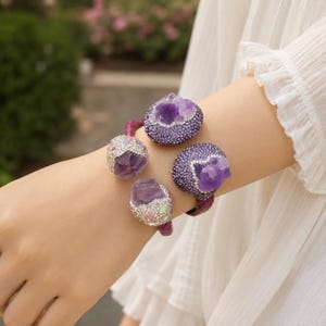 Amethyst Raw Stone Leather Bracelet, Adjustable Statement Cuff in Gold-Plated Copper with Crystals, Boho Jewelry Gift for Her