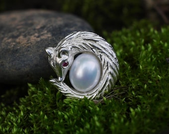 Fox Pendant Necklace in 925 Sterling Silver with Freshwater Pearl & Ruby, Handmade Animal Jewelry, Spiritual Protection Amulet, Gift for Her