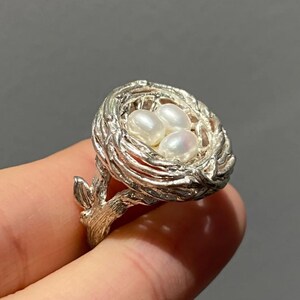 925 Silver Bird Nest Ring｜Freshwater Pearl Nest Jewelry｜Nature Inspired Branch Ring｜Handmade Organic Ring｜Anniversary & Mother&#39;s Day Gift