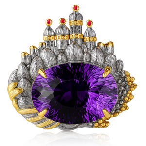 May include: A silver and gold-toned brooch featuring a castle design with a large, oval-shaped, deep purple gemstone. The castle has multiple towers with red accents. The brooch has intricate detailing and a unique, artistic style.