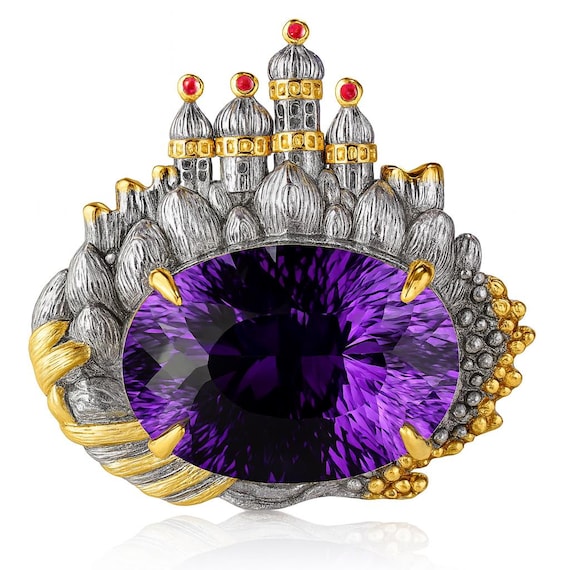 Großer Amethyst Anhänger Brosche 925 Silber mit 18K Vergoldung Royalcore Barock Schmuck Geschenk für sie Vintage Stil