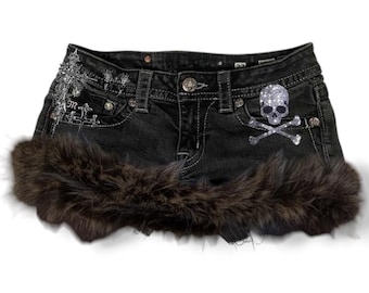 Handmade Y2K Grunge Gyaru Skull Alternative Fur Trim Denim Micro Skirt