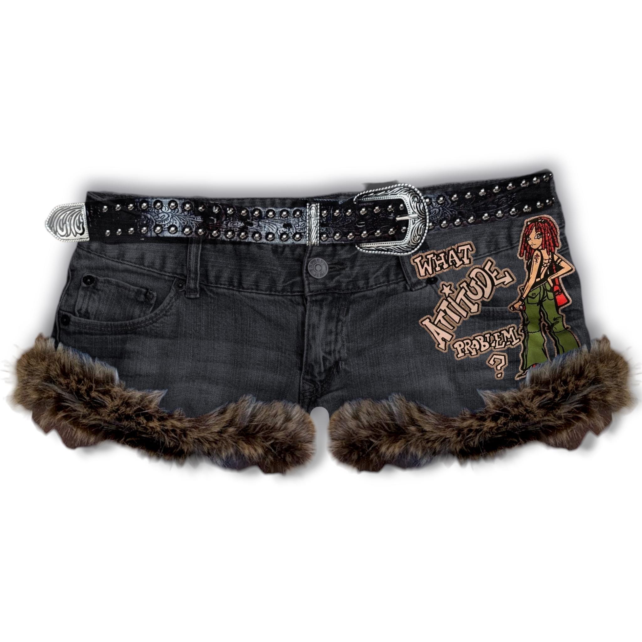 Reworked Y2K Mcbling Grunge Gyaru Fur Trim Denim Micro Shorts - Etsy