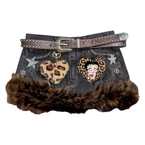 Reworked Y2K McBling Gyaru Fur Trim Denim Mini Skirt