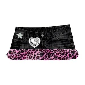 Y2K Shoujo Nana Mcbling Leopard Fur Trim Denim Micro Skirt