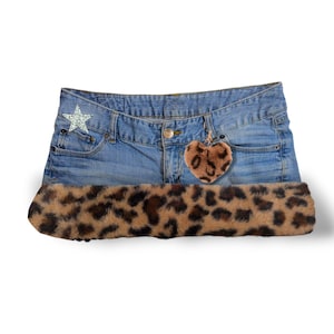 Reworked Y2K Mcbling Gyaru Fur Trim Denim Mini Skirt