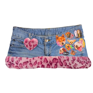 Reworked Y2K McBling Dog Cute kawaii harajuku Fur Trim Denim Mini Skirt