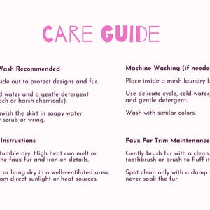 May include: A white background with pink text that reads "CARE GUIDE". Instructions for hand washing, machine washing, drying, and faux fur trim maintenance are provided. Pink heart graphics are in the corners.