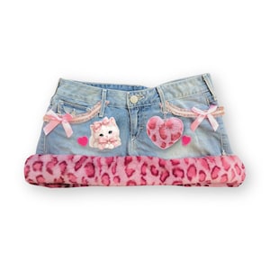 Reworked Y2K Coquette Kawaii Cat Fur Trim Denim Mini Skirt