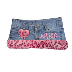 Reworked Y2K Mcbling Zodiac Gyaru Fur Trim Denim Mini Skirt
