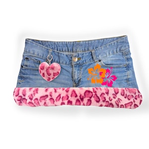Reworked Y2K Coquette Kawaii Pink Hawaiian Gyaru Fur Denim Micro Skirt