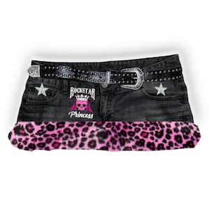 Reworked Y2K Emo Scene Mcbling Leopard Fur Trim Denim Micro Skirt