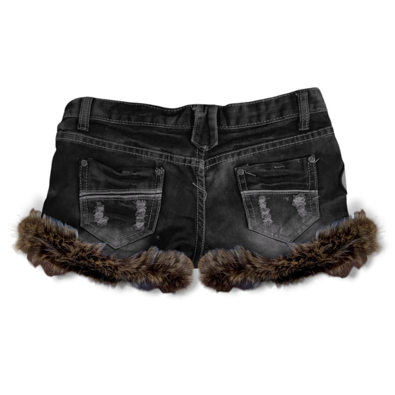 Y2K Kawaii Cyber Cutecore Grunge Gyaru Fur Trim Denim Mini Shorts image 2