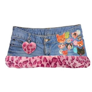 Reworked Y2K McBling Cat Cute kawaii harajuku Fur Trim Denim Mini Skirt