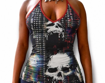 Camiseta sin mangas estilo halter con estampado de calavera grunge estilo emo, camiseta sin mangas de verano con estampado gráfico gótico ciberpunk.