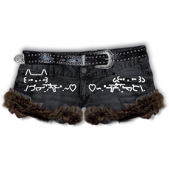 Y2K Kawaii Cyber Cutecore Grunge Gyaru Fur Trim Denim Mini Shorts