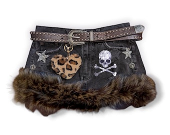 Reworked Y2K Mcbling Gyaru Rave Fur Trim Denim Mini Skirt