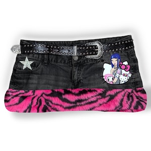 Reworked Y2K Harajuku Kawaii Cute Fur Trim Denim Mini Skirt