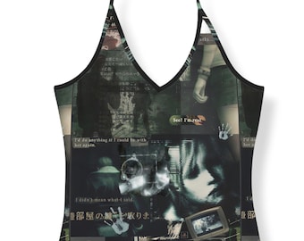 Y2K Cyber Grunge Halter Top, Horror Video Game Graphic Tank, Alt Streetwear Top