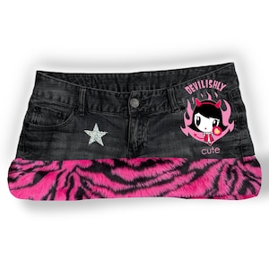 Reworked Y2K Cute Scene kawaii harajuku Fur Trim Denim Mini Skirt