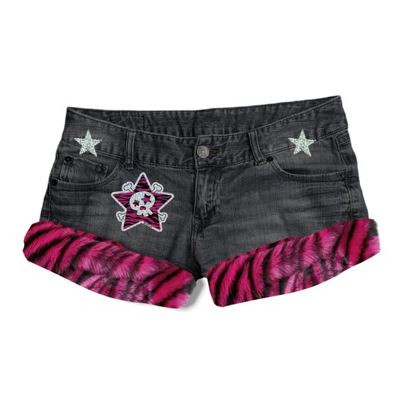Reworked Y2K Emo Scene Trashy Rave Fur Trim Denim Mini Shorts - Etsy