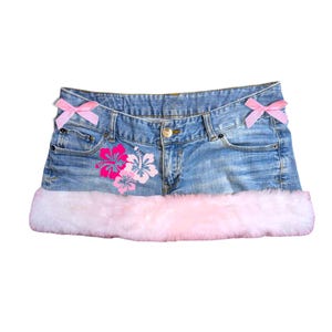 Reworked Y2K Coquette Kawaii Pink Hawaiian Gyaru Fur Denim Micro Skirt