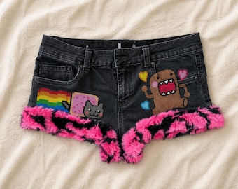 Handmade Y2K Cat Scene Rave Fur Trim Denim Micro Shorts