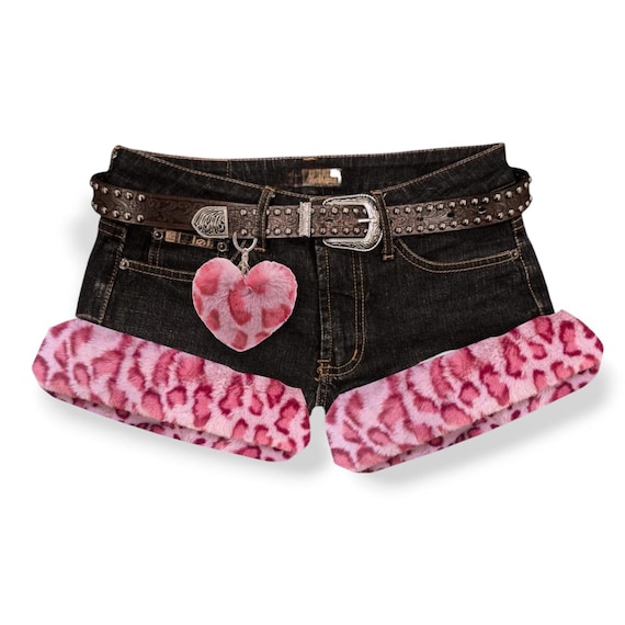 パンツ 9090 Micro Short Black Pink Leopard Reworked Y2K Mcbling Gyaru Pink Leopard Faux Fur Trim Denim