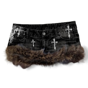 Reworked Y2K Grunge Gyaru Goth Fur Trim Denim Mini Skirt