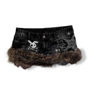 Reworked Y2K Grunge Gyaru Rave Fur Trim Denim Mini Skirt