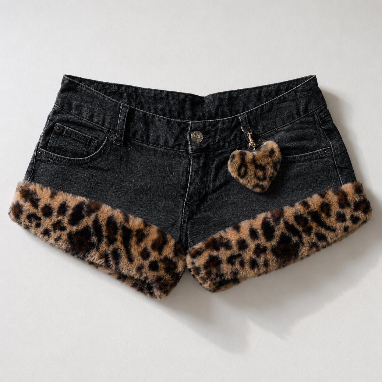 Reworked Y2K Mcbling Grunge Gyaru Fur Trim Denim Rave Micro Shorts