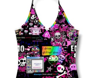 Y2K Scene Emo Halter Top, Cyber Rave Graphic Tank