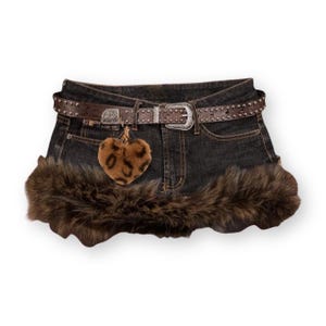 Reworked Y2K Grunge Gyaru Rave Fur Trim Denim Micro Skirt