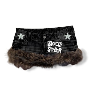 Reworked Y2K Grunge Gyaru Rave Fur Trim Denim Mini Skirt
