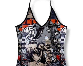Y2K anime alternatieve haltertop, graffiti streetwear-ontwerp