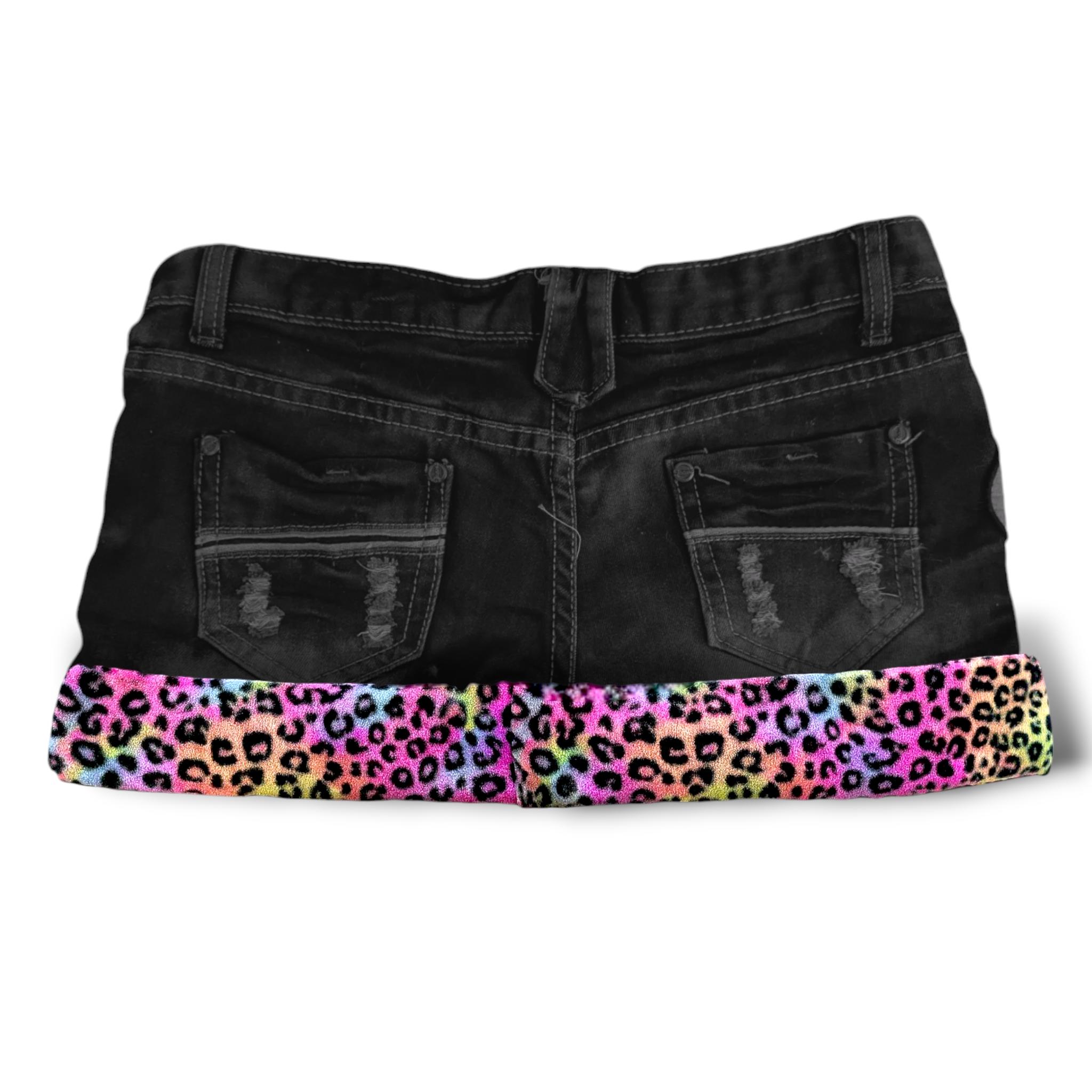 Reworked Y2K Scene Rainbow Leopard Fur Trim Denim Micro Skirt - Etsy