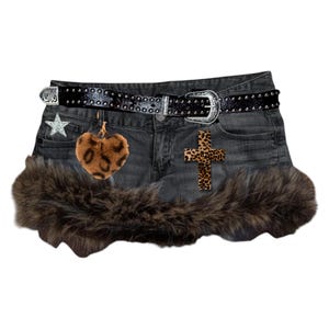 Y2K McBling Grunge Gyaru Rave Fur Trim Denim Micro Skirt