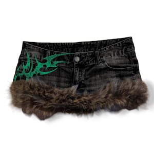 Reworked Y2K Grunge Gyaru Cyber Fur Trim Denim Mini Skirt