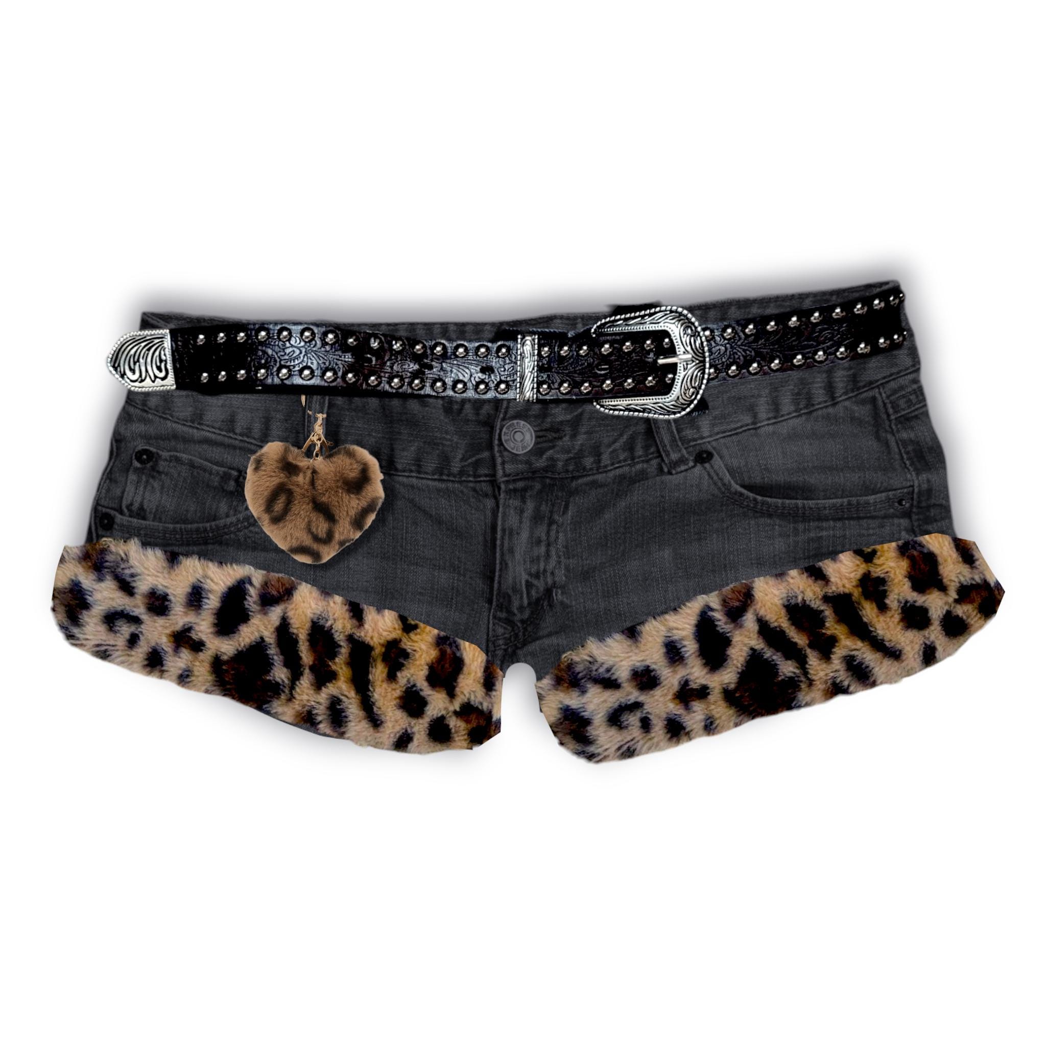 Reworked Y2K Mcbling Grunge Gyaru Fur Trim Denim Rave Micro Shorts