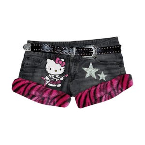 Reworked Y2K Cat Emo Scene Rave Fur Trim Denim Micro Shorts