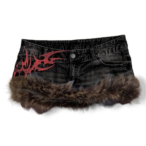 Reworked Y2K Grunge Gyaru Cyber Fur Trim Denim Mini Skirt