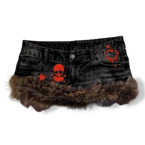 Reworked Y2K Grunge Gyaru Goth Fur Trim Denim Mini Skirt
